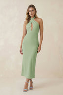 Halter Cut - Out Sheath Satin Midi Bridesmaid Dress in Sage - KISS BRIDAL Bridesmaid Dresses