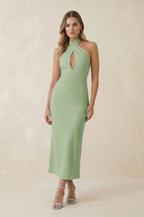 Halter Cut - Out Sheath Satin Midi Bridesmaid Dress in Sage - KISS BRIDAL Bridesmaid Dresses