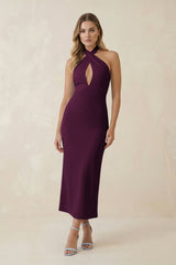 Halter Cut - Out Sheath Satin Midi Bridesmaid Dress in Sangria - KISS BRIDAL Bridesmaid Dresses