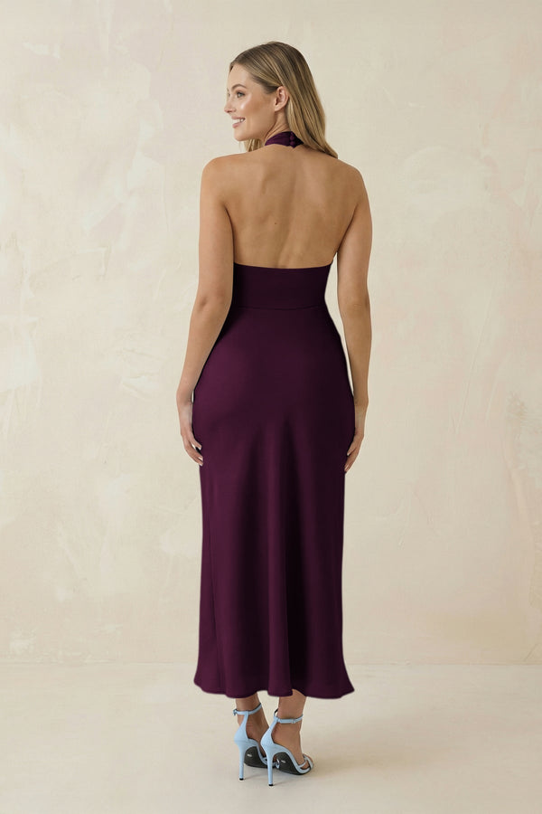 Halter Cut - Out Sheath Satin Midi Bridesmaid Dress in Sangria - KISS BRIDAL Bridesmaid Dresses