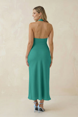 Halter Cut - Out Sheath Satin Midi Bridesmaid Dress in Sea Glass - KISS BRIDAL Bridesmaid Dresses