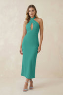 Halter Cut - Out Sheath Satin Midi Bridesmaid Dress in Sea Glass - KISS BRIDAL Bridesmaid Dresses