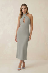 Halter Cut - Out Sheath Satin Midi Bridesmaid Dress in Silver - KISS BRIDAL Bridesmaid Dresses