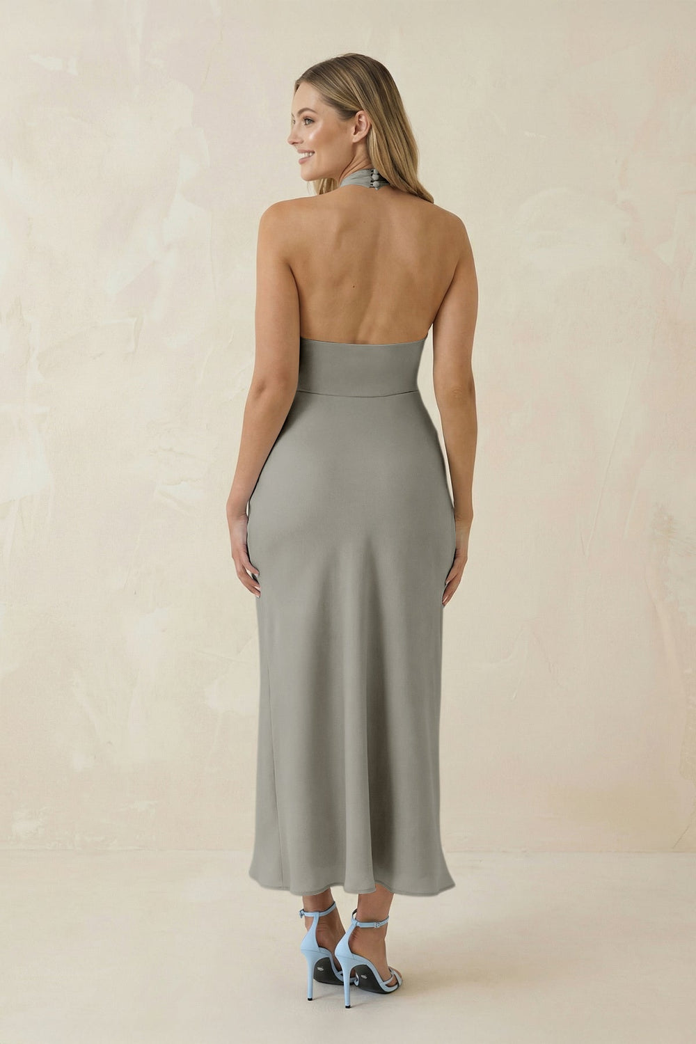 Halter Cut - Out Sheath Satin Midi Bridesmaid Dress in Silver - SHE IS ME Bridesmaid Dresses