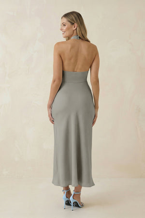 Halter Cut - Out Sheath Satin Midi Bridesmaid Dress in Silver - SHE IS ME Bridesmaid Dresses