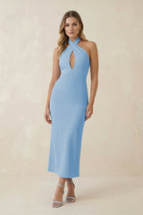 Halter Cut - Out Sheath Satin Midi Bridesmaid Dress in Sky Blue - KISS BRIDAL Bridesmaid Dresses