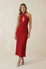 Halter Cut - Out Sheath Satin Midi Bridesmaid Dress in Spice - KISS BRIDAL Bridesmaid Dresses