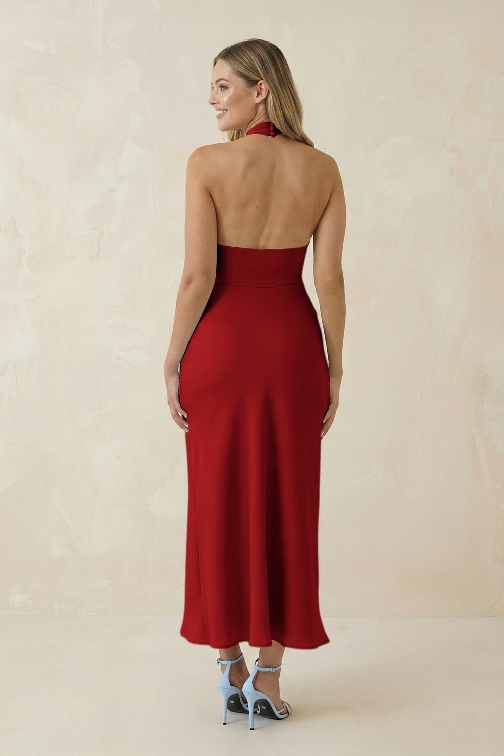 Halter Cut - Out Sheath Satin Midi Bridesmaid Dress in Spice - KISS BRIDAL Bridesmaid Dresses