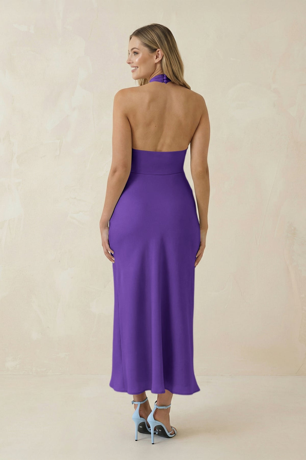 Halter Cut - Out Sheath Satin Midi Bridesmaid Dress in Tahiti - SHE IS ME Bridesmaid Dresses