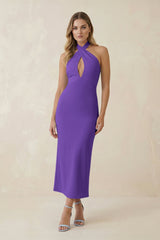 Halter Cut - Out Sheath Satin Midi Bridesmaid Dress in Tahiti - KISS BRIDAL Bridesmaid Dresses