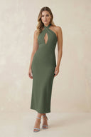 Halter Cut - Out Sheath Satin Midi Bridesmaid Dress in Thyme - KISS BRIDAL Bridesmaid Dresses