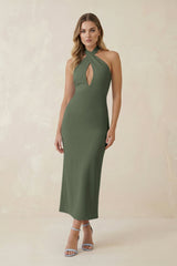 Halter Cut - Out Sheath Satin Midi Bridesmaid Dress in Thyme - KISS BRIDAL Bridesmaid Dresses