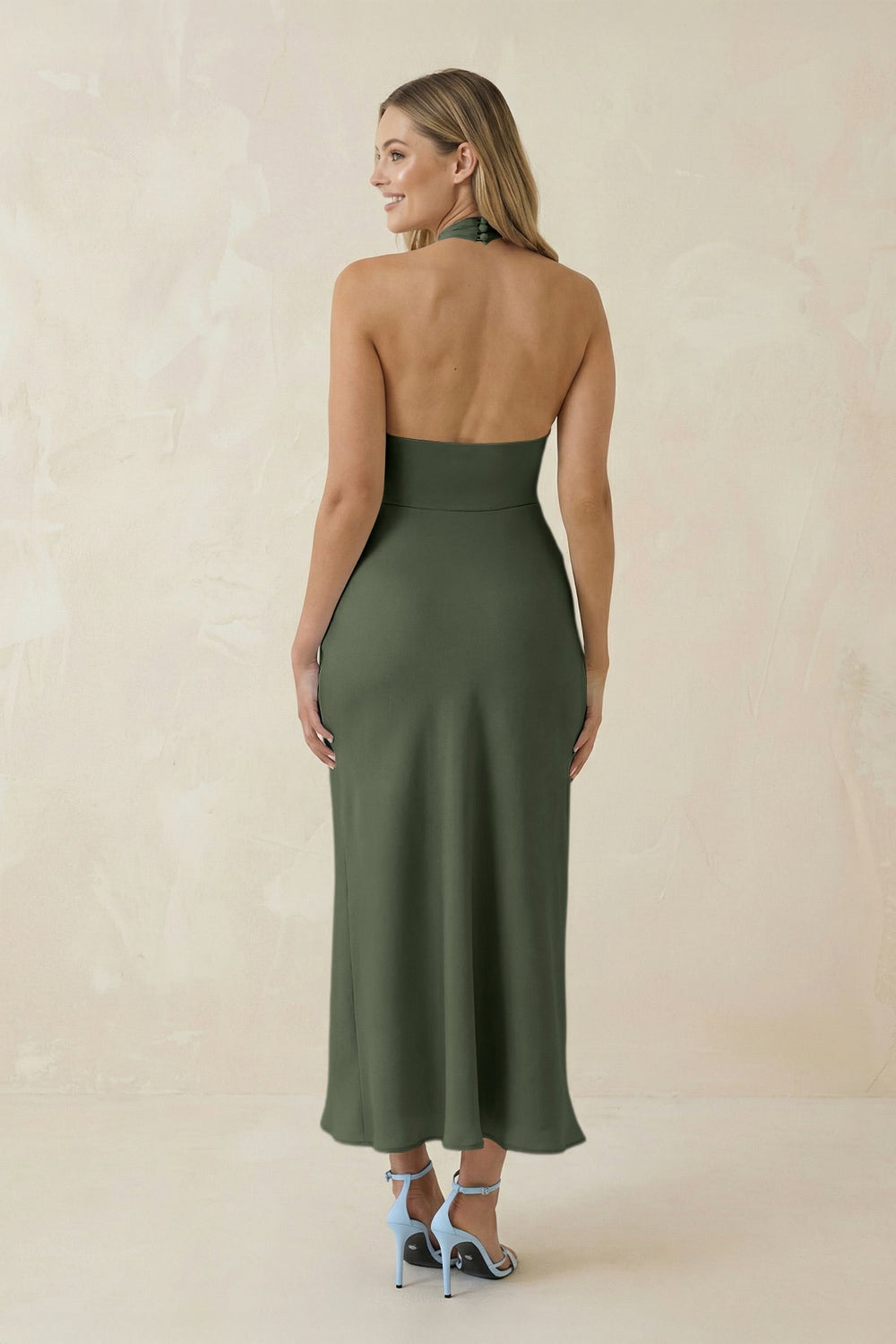 Halter Cut - Out Sheath Satin Midi Bridesmaid Dress in Thyme - KISS BRIDAL Bridesmaid Dresses