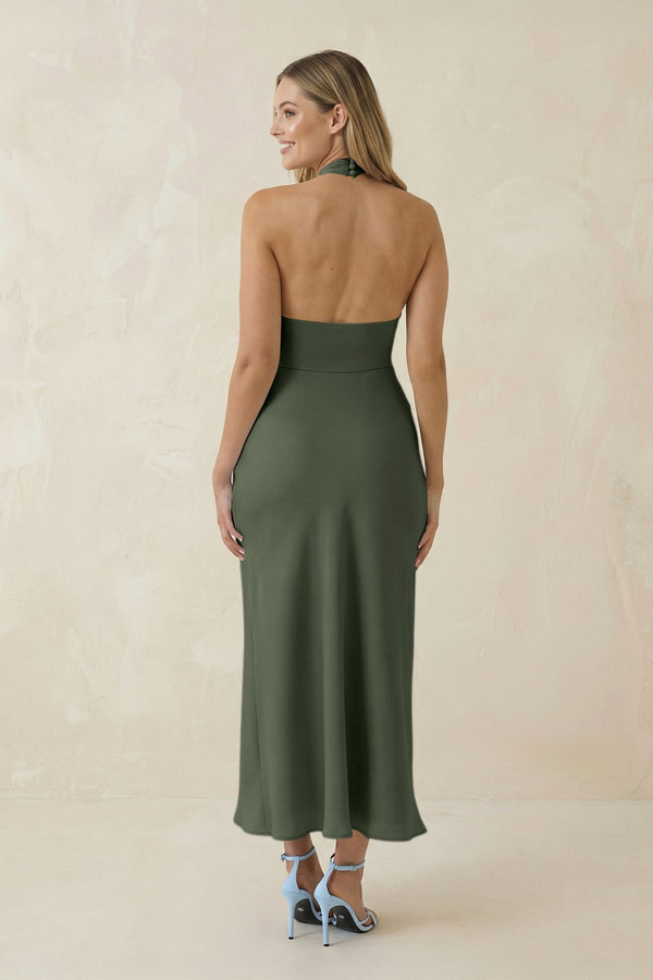 Halter Cut - Out Sheath Satin Midi Bridesmaid Dress in Thyme - KISS BRIDAL Bridesmaid Dresses