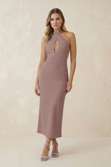 Halter Cut - Out Sheath Satin Midi Bridesmaid Dress in Toffee - KISS BRIDAL Bridesmaid Dresses