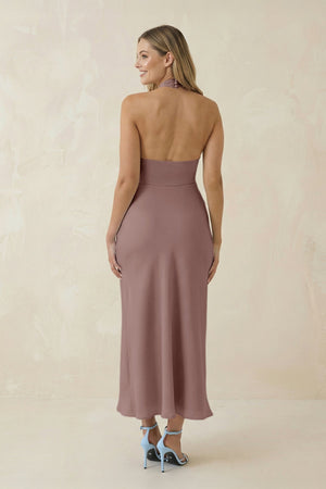 Halter Cut - Out Sheath Satin Midi Bridesmaid Dress in Toffee - KISS BRIDAL Bridesmaid Dresses