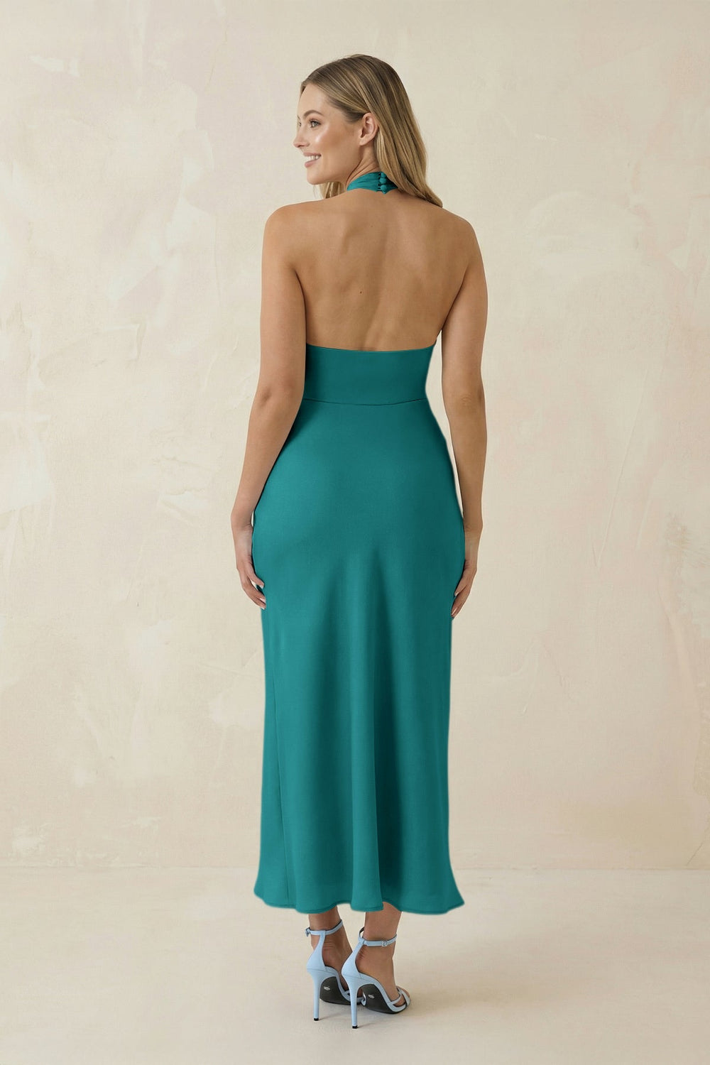 Halter Cut - Out Sheath Satin Midi Bridesmaid Dress in Turquoise - SHE IS ME Bridesmaid Dresses