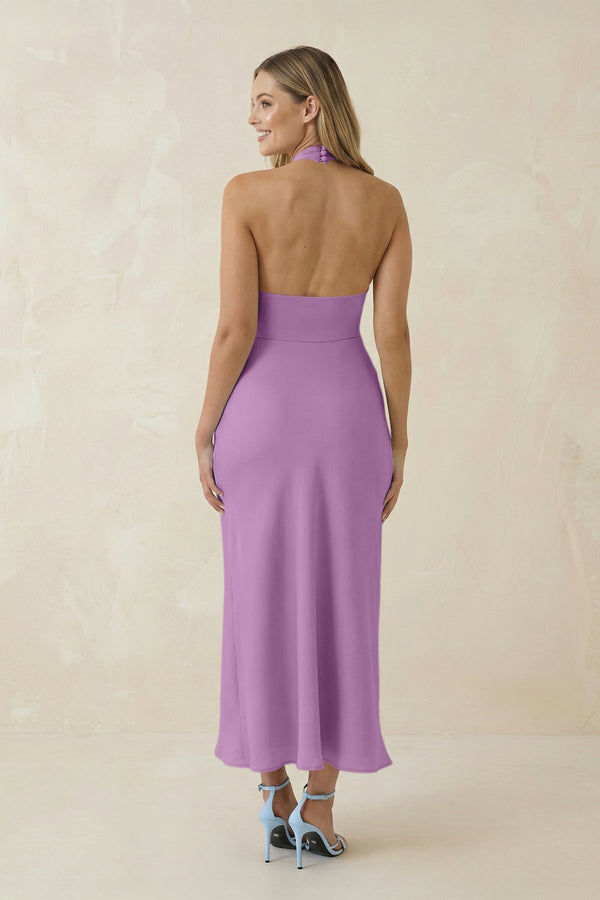 Halter Cut - Out Sheath Satin Midi Bridesmaid Dress in Vintage Mauve - KISS BRIDAL Bridesmaid Dresses