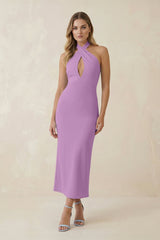 Halter Cut - Out Sheath Satin Midi Bridesmaid Dress in Vintage Mauve - KISS BRIDAL Bridesmaid Dresses