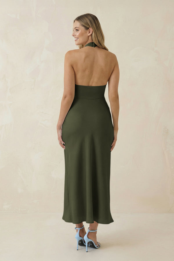 Halter Cut - Out Sheath Satin Midi Bridesmaid Dress in Willow Green - KISS BRIDAL Bridesmaid Dresses