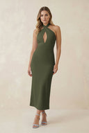 Halter Cut - Out Sheath Satin Midi Bridesmaid Dress in Willow Green - KISS BRIDAL Bridesmaid Dresses