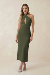 Halter Cut - Out Sheath Satin Midi Bridesmaid Dress in Willow Green - KISS BRIDAL Bridesmaid Dresses