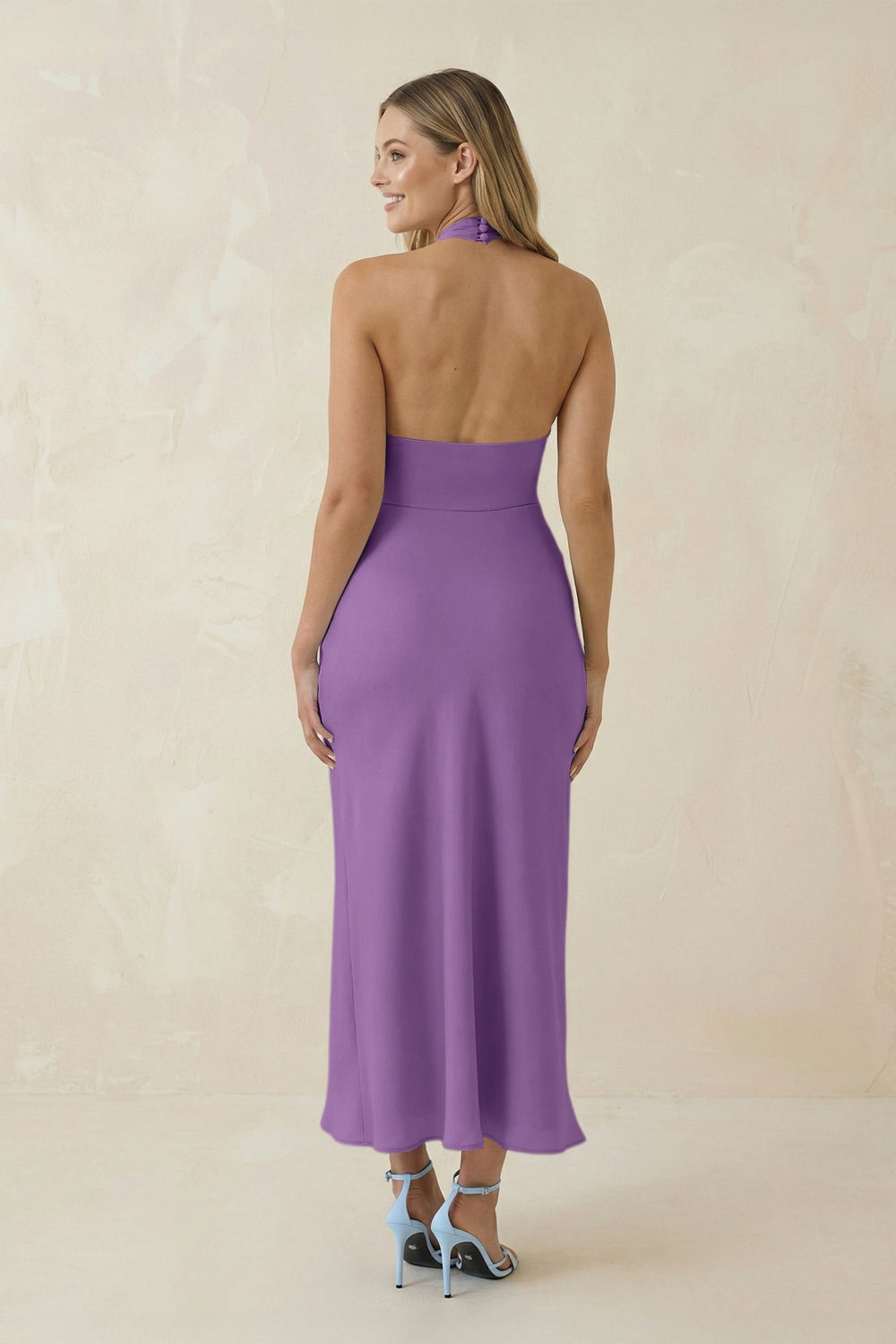Halter Cut - Out Sheath Satin Midi Bridesmaid Dress in Wisteria - SHE IS ME Bridesmaid Dresses