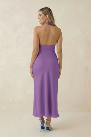 Halter Cut - Out Sheath Satin Midi Bridesmaid Dress in Wisteria - SHE IS ME Bridesmaid Dresses