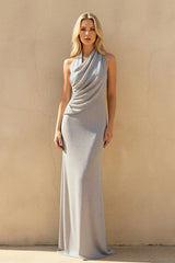 Halter Draped Maxi Dress in Silver - KISSBRIDAL