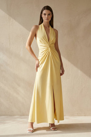Halter Draped Maxi Dress With Slit in Yellow - SHE IS ME