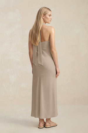 Halter Keyhole Sheath Midi Bridesmaid Dress in Almond - KISS BRIDAL Bridesmaid Dresses