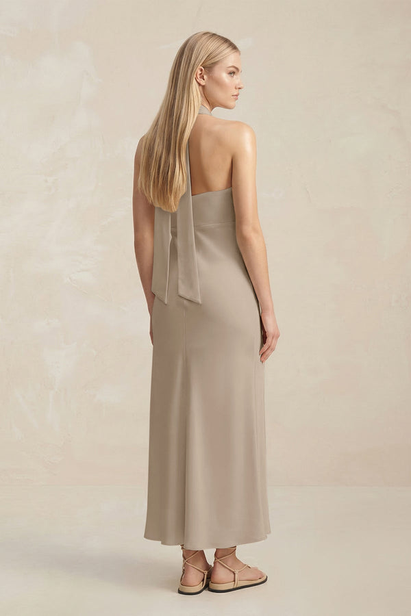 Halter Keyhole Sheath Midi Bridesmaid Dress in Almond - KISS BRIDAL Bridesmaid Dresses