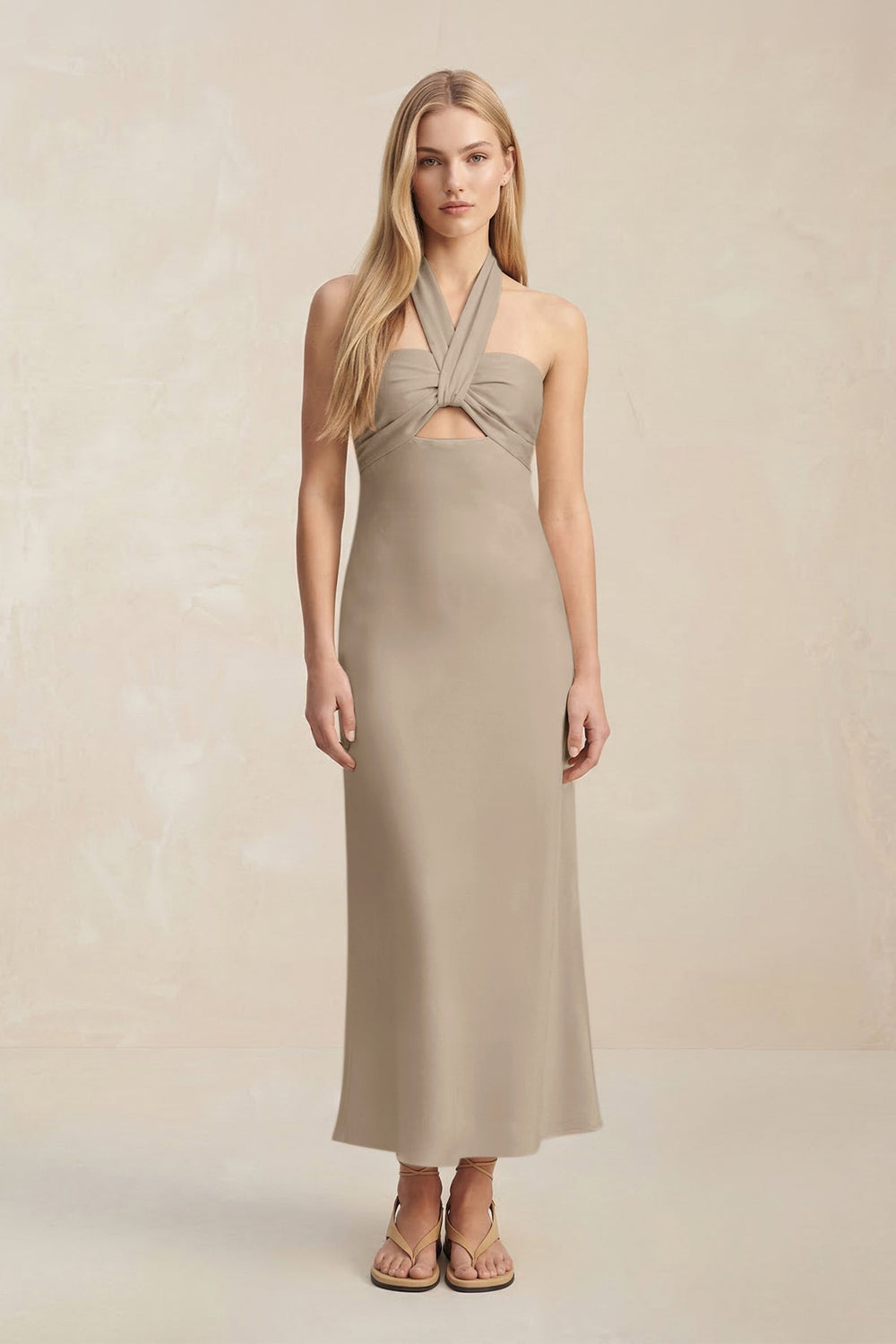 Halter Keyhole Sheath Midi Bridesmaid Dress in Almond - KISS BRIDAL Bridesmaid Dresses