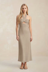 Halter Keyhole Sheath Midi Bridesmaid Dress in Almond - KISS BRIDAL Bridesmaid Dresses