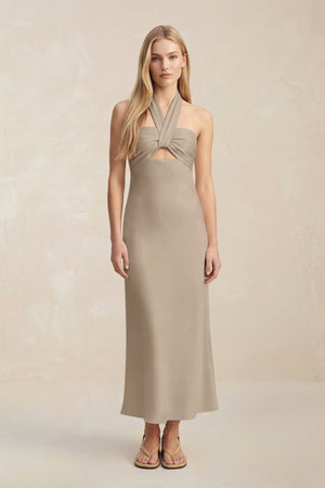 Halter Keyhole Sheath Midi Bridesmaid Dress in Almond - KISS BRIDAL Bridesmaid Dresses