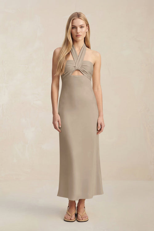 Halter Keyhole Sheath Midi Bridesmaid Dress in Almond - KISS BRIDAL Bridesmaid Dresses