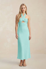 Halter Keyhole Sheath Midi Bridesmaid Dress in Aqua - KISS BRIDAL Bridesmaid Dresses