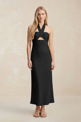 Halter Keyhole Sheath Midi Bridesmaid Dress in Black - KISS BRIDAL Bridesmaid Dresses