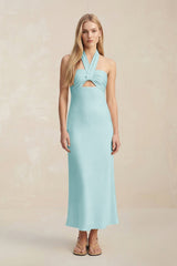 Halter Keyhole Sheath Midi Bridesmaid Dress in Bleached Aqua - KISS BRIDAL Bridesmaid Dresses