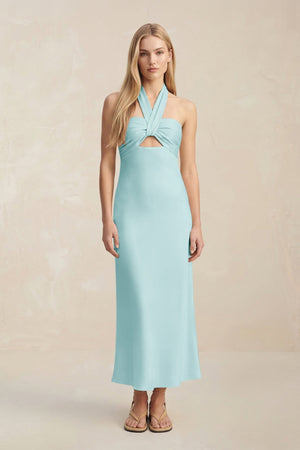 Halter Keyhole Sheath Midi Bridesmaid Dress in Bleached Aqua - KISS BRIDAL Bridesmaid Dresses