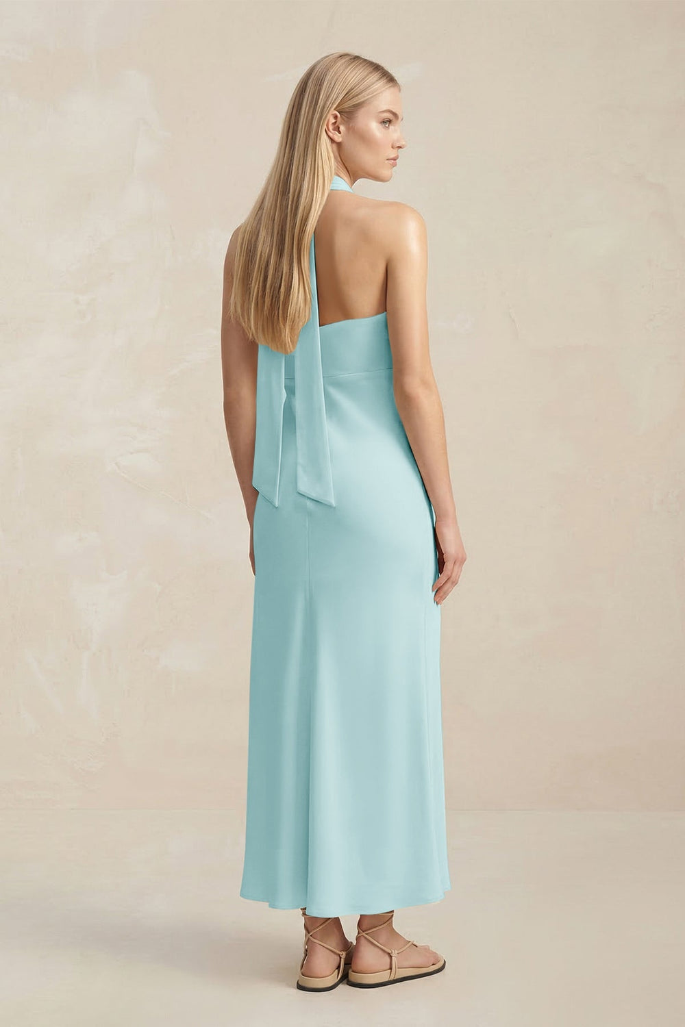 Halter Keyhole Sheath Midi Bridesmaid Dress in Bleached Aqua - KISS BRIDAL Bridesmaid Dresses