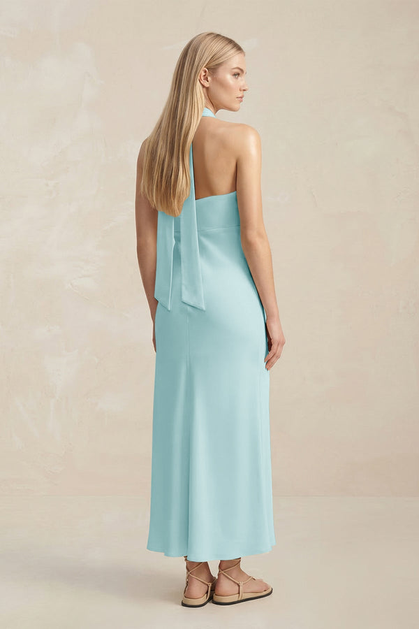 Halter Keyhole Sheath Midi Bridesmaid Dress in Bleached Aqua - KISS BRIDAL Bridesmaid Dresses