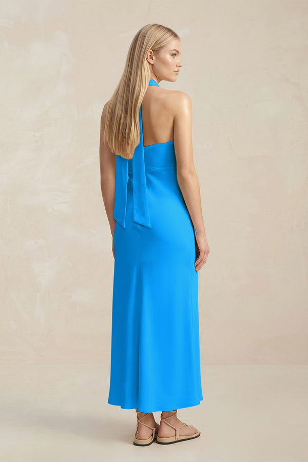 Halter Keyhole Sheath Midi Bridesmaid Dress in Blue Jay - KISS BRIDAL Bridesmaid Dresses