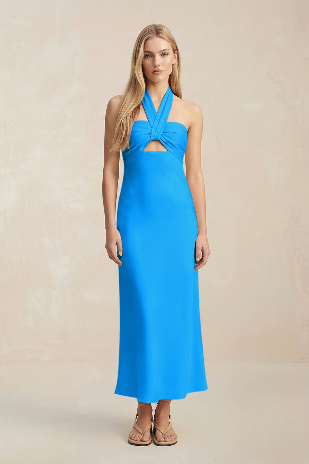 Halter Keyhole Sheath Midi Bridesmaid Dress in Blue Jay - KISS BRIDAL Bridesmaid Dresses