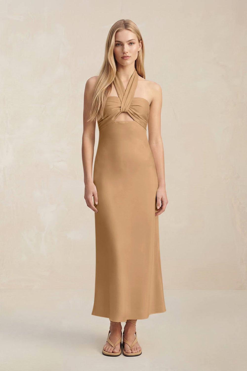 Halter Keyhole Sheath Midi Bridesmaid Dress in Bronzer - KISS BRIDAL Bridesmaid Dresses