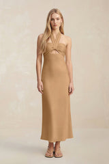 Halter Keyhole Sheath Midi Bridesmaid Dress in Bronzer - KISS BRIDAL Bridesmaid Dresses