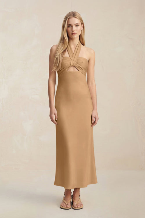 Halter Keyhole Sheath Midi Bridesmaid Dress in Bronzer - KISS BRIDAL Bridesmaid Dresses