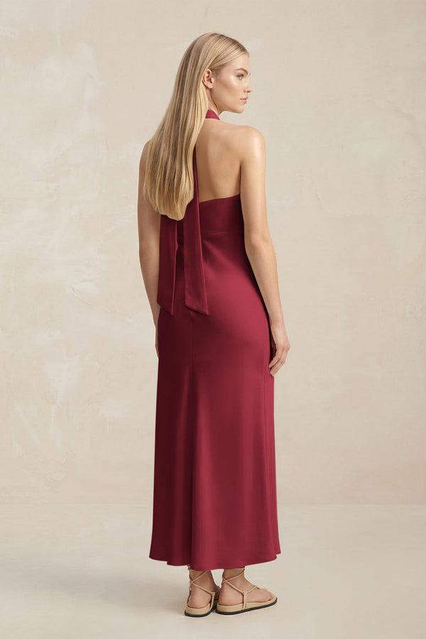 Halter Keyhole Sheath Midi Bridesmaid Dress in Burgundy - KISS BRIDAL Bridesmaid Dresses