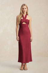 Halter Keyhole Sheath Midi Bridesmaid Dress in Burgundy - KISS BRIDAL Bridesmaid Dresses