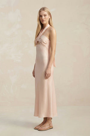 Halter Keyhole Sheath Midi Bridesmaid Dress in Buttercream - KISS BRIDAL Bridesmaid Dresses